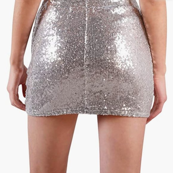 Ruched Tulip Hem Sequin Mini Skirt Silver Size Medium - Picture 2 of 11